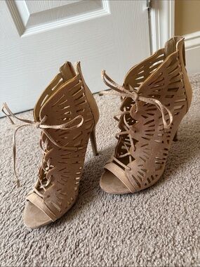 Wild Diva Cutout Lace-Up High Heel Sandals in Tan